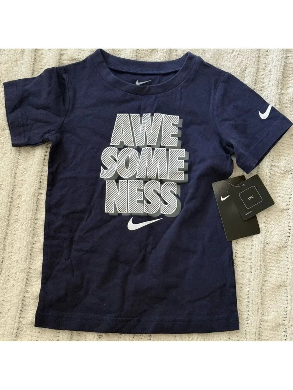 Nike Kids “Awesomeness” Graphic Tee Navy Blue Short Sleeve Logo Shirt 4T